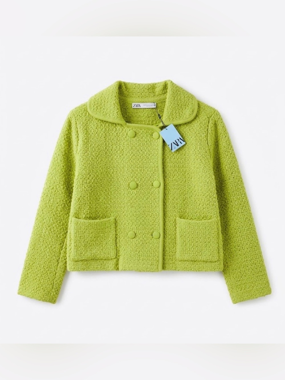 Zara Double-Breasted Textured Jacket in Lime Green - Size Medium